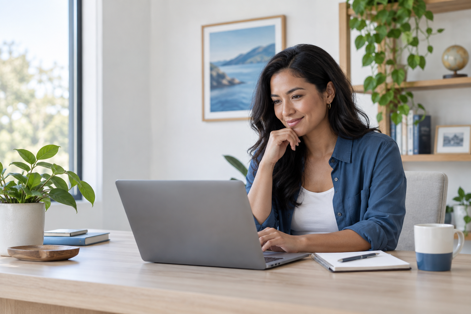 A hiring manager reviewing candidate applications on a laptop.