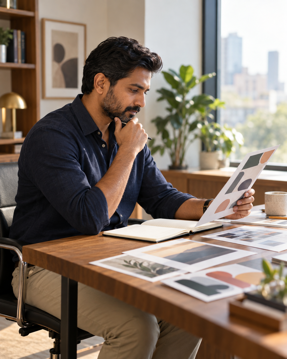 An employer independently reviewing work samples before an interview.