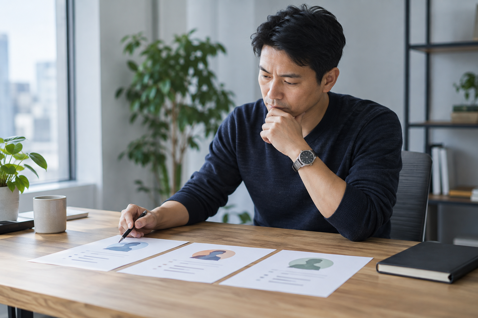 A hiring manager carefully reviewing a small shortlist before making a decision.