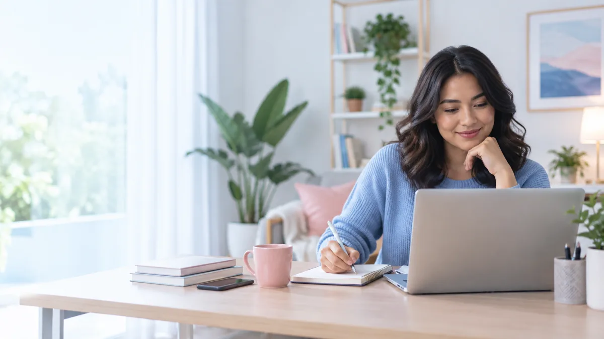 A remote professional reviewing job opportunities and planning an application on a laptop.