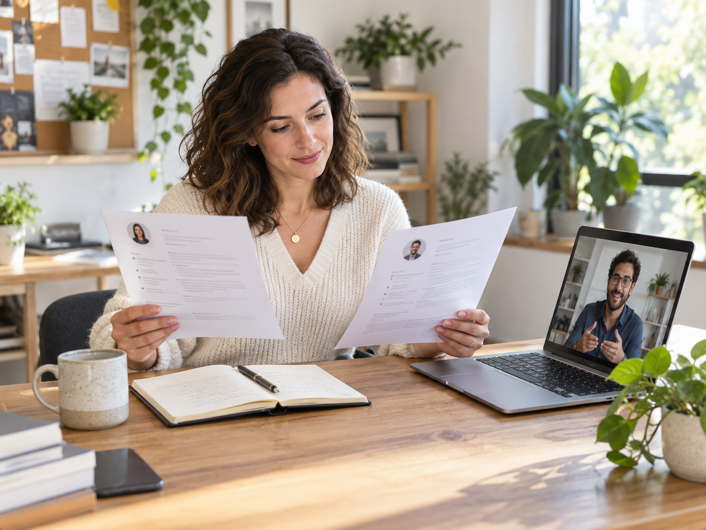 Hiring manager comparing project proposals during a remote video conversation